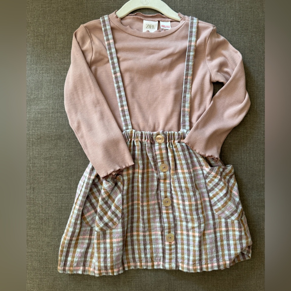 Pinafore & top- Zara/ 4-5/ pink, plaid/ guc